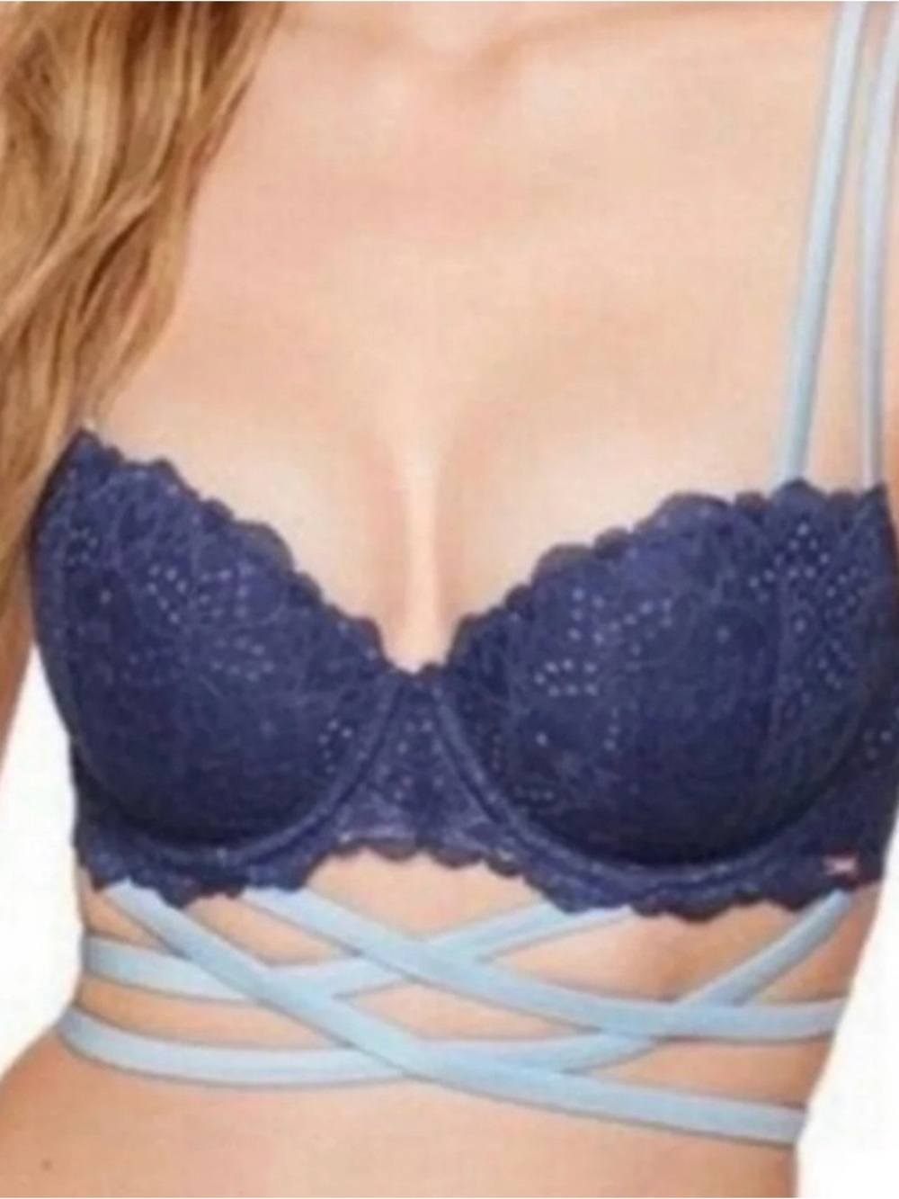 Victoria's Secret Navy Lace Underwire Bra with Light Blue Strappy Wrap